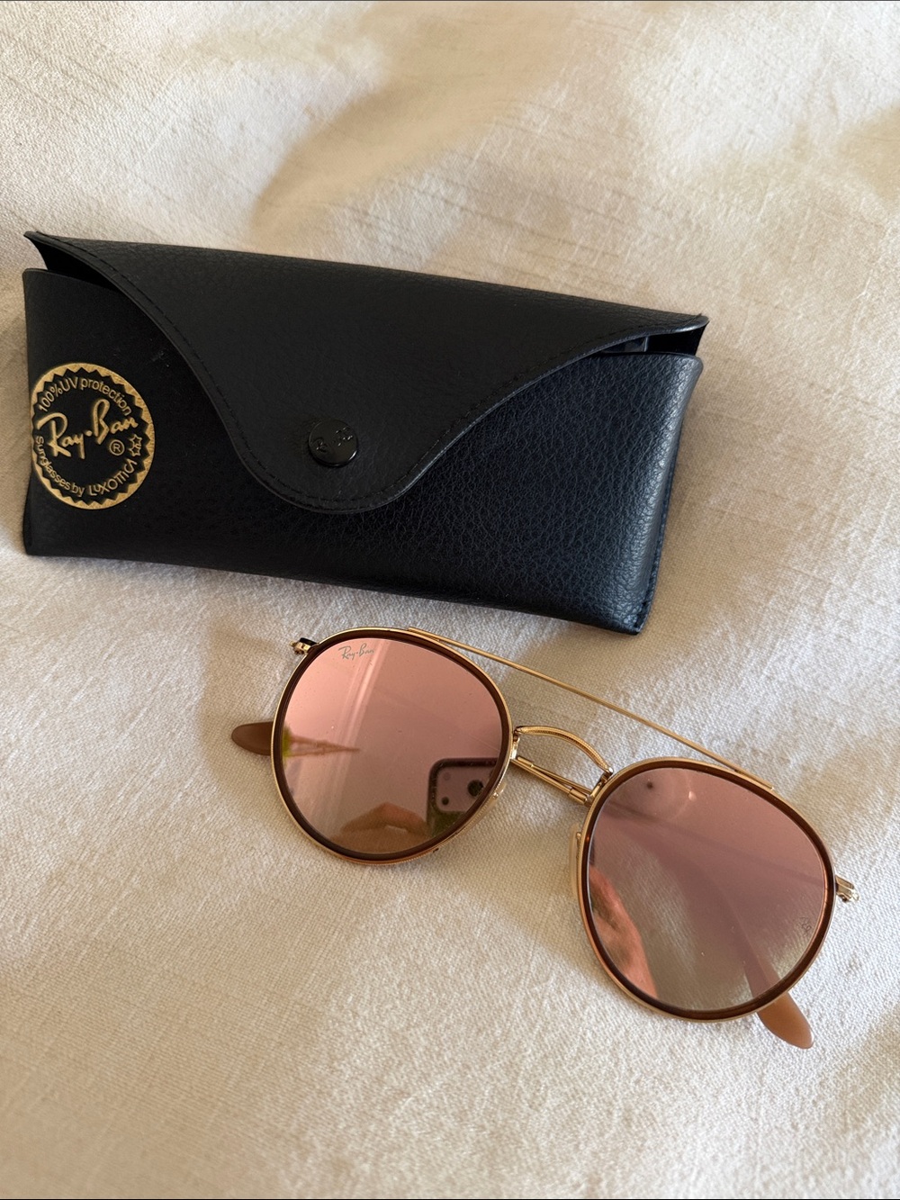 Ray-Ban Gold Frame Pink Lens Round Sunglasses with Black Case